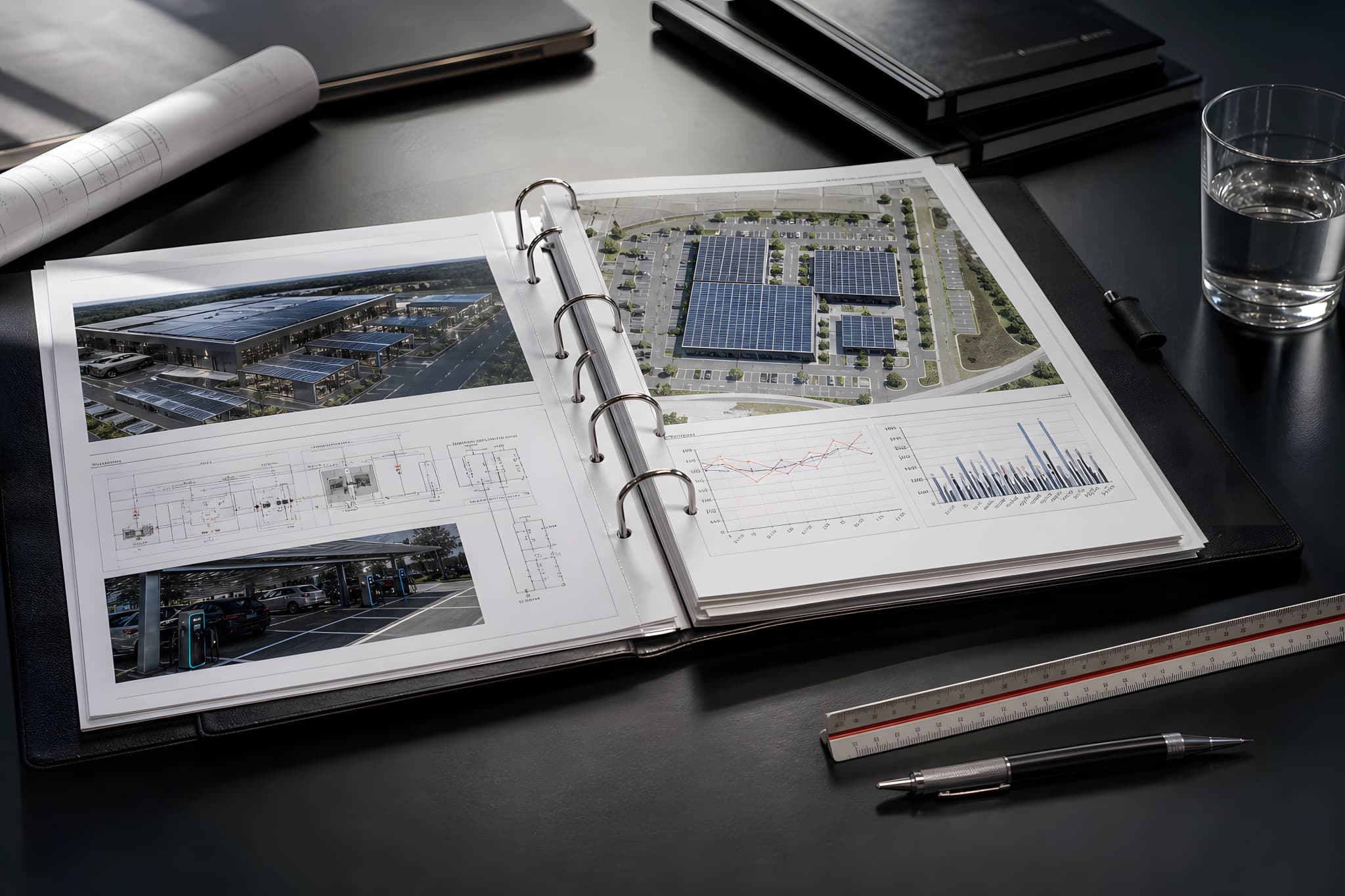 Illustrativer heller Projekttisch mit Standortplan, Lastgang-Anmutung und Energieanalyse.