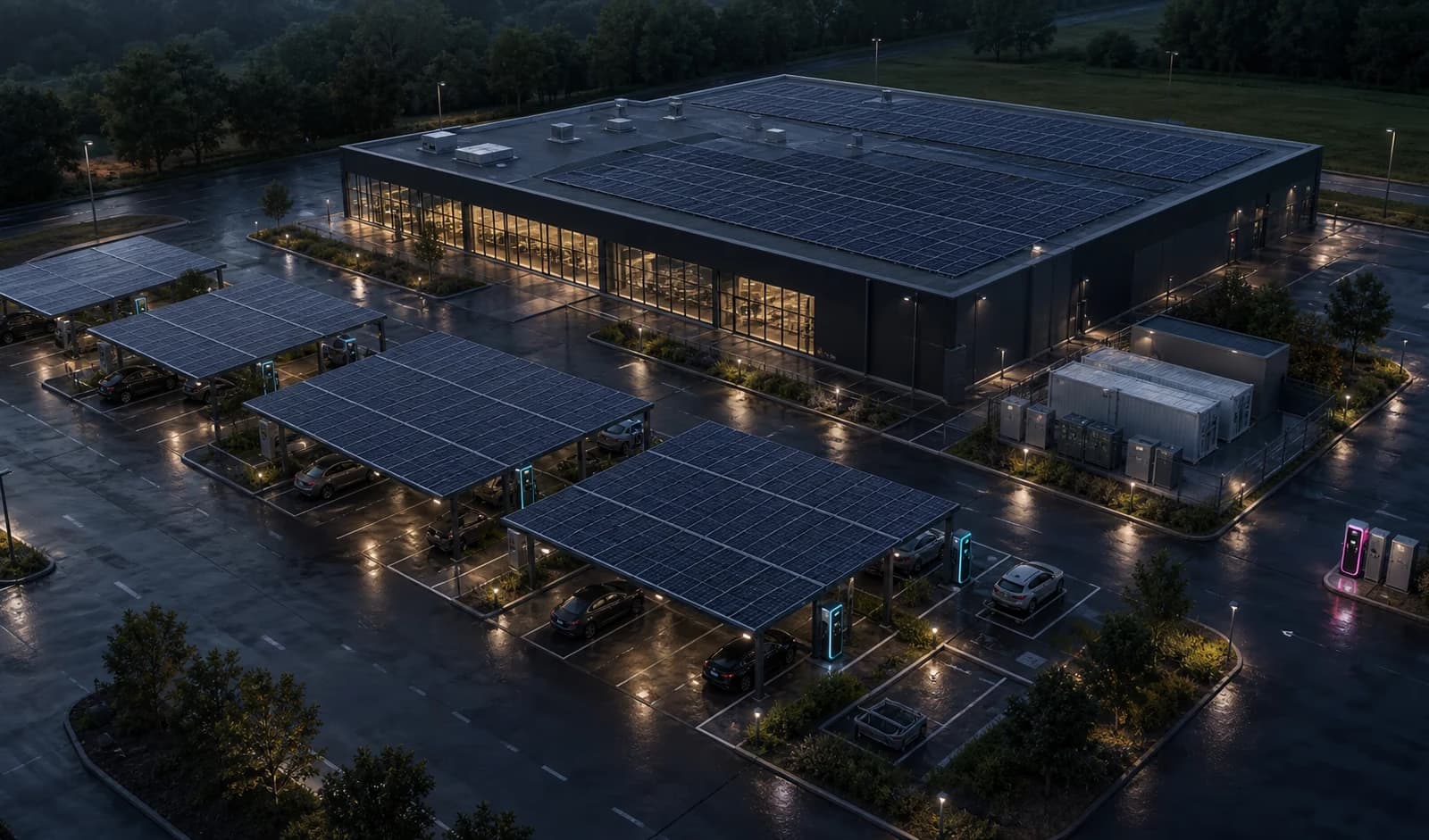 Illustrativer Energie-Standort mit Photovoltaik, Ladepunkten und Speicher bei Blue Hour.