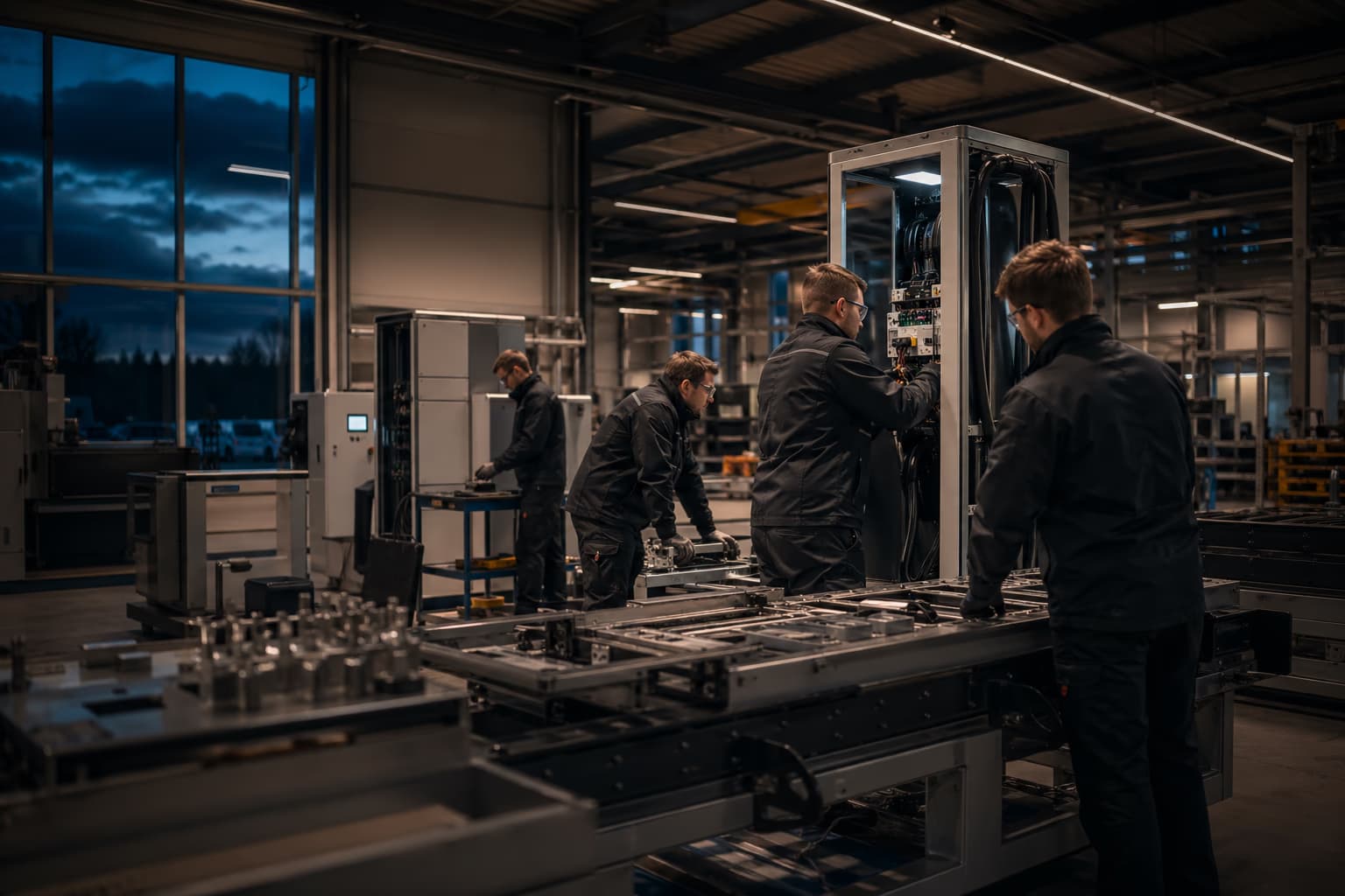 Illustratives Karrierebild: Team arbeitet in einer dunklen Werkstatt an Energie- und Infrastrukturtechnik.