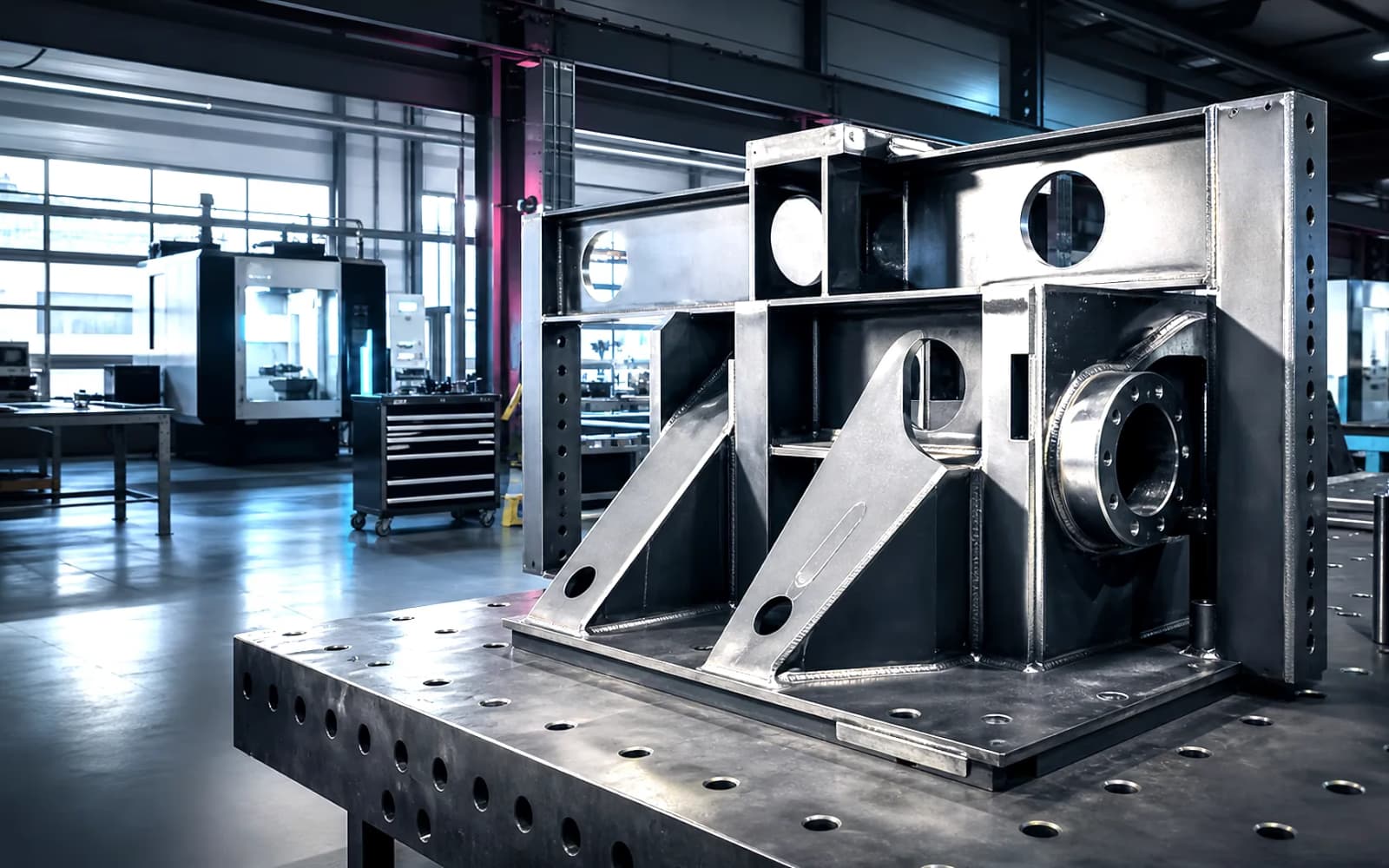Illustrativer Metallbau-Arbeitsplatz mit präziser Baugruppe in dunkler Werkhalle.