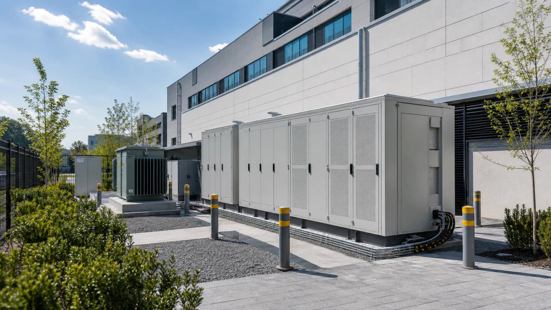 Visualisierung geschlossener Batteriespeicher-Schränke neben einem Klinikgebäude.