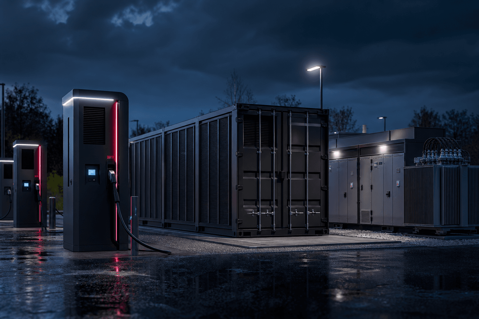 Illustrativer Batteriespeicher in einem Ladeparkumfeld.