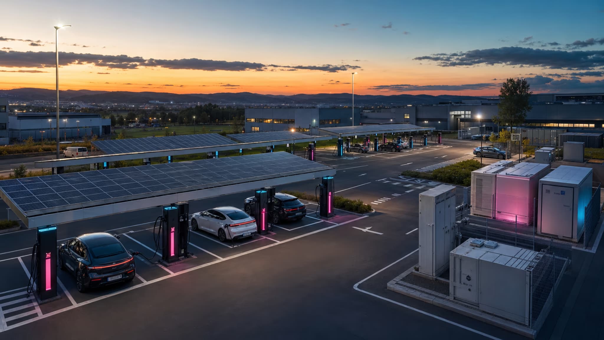 Illustratives Systemvisual eines Ladeparks mit PV-Carports, Ladepunkten und Batteriespeicher.