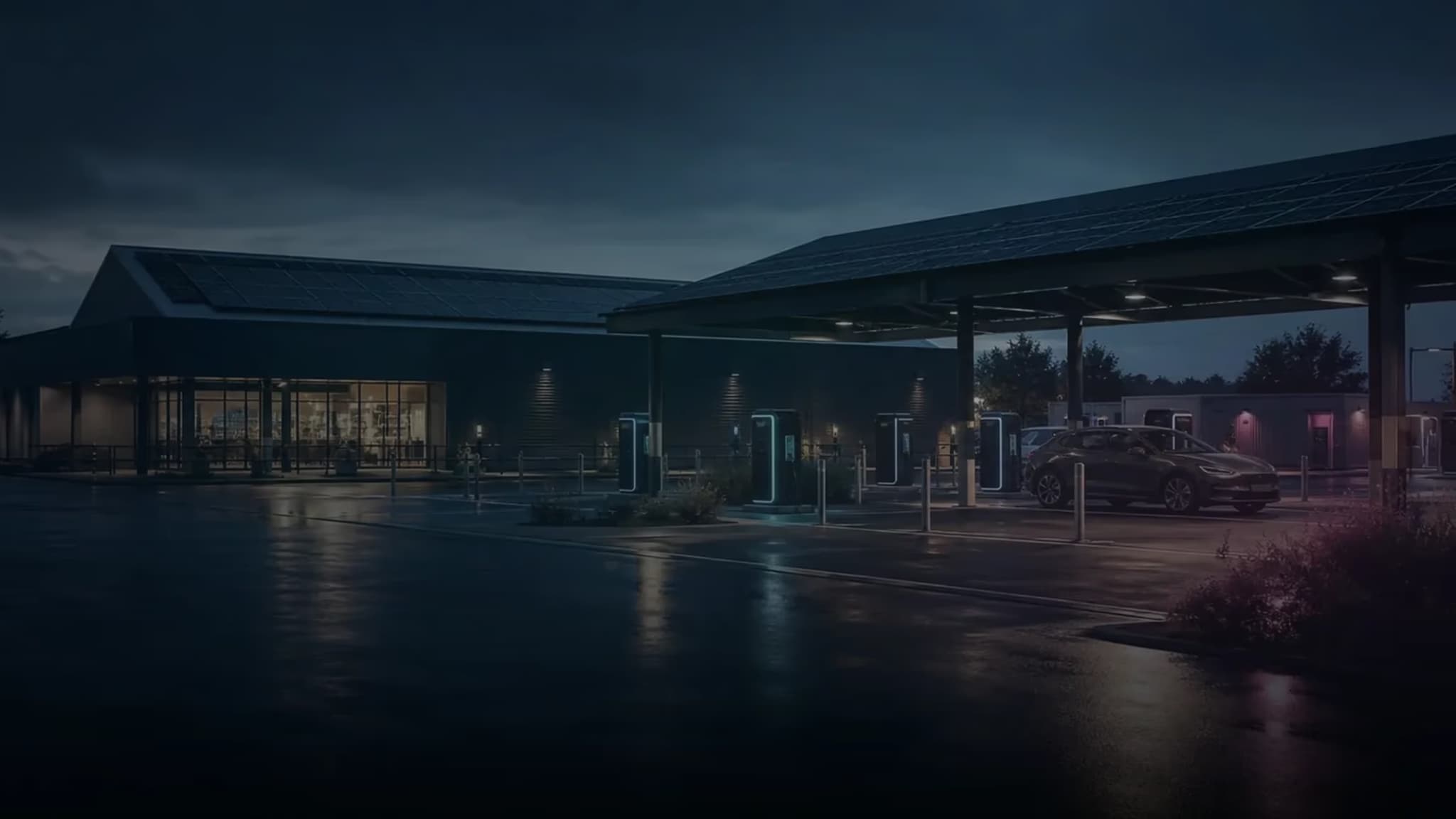 Illustrativer Energie- und Infrastrukturstandort mit PV-Carports, Ladepunkten und Batteriespeicher bei blauer Stunde.