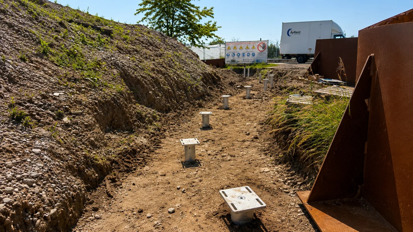 Reihe gesetzter Schraubfundamente im trockenen Fundamentgraben neben der Korten-Stahl-Konstruktion des Doshi Retreat