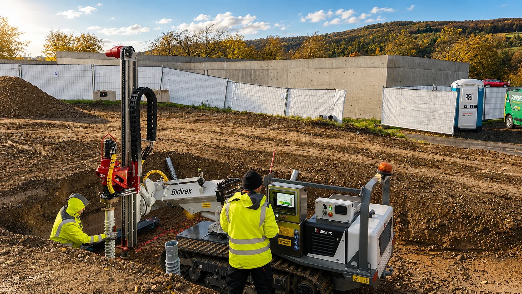 Bidirex-Setzmaschine beim Eindrehen eines V-System-Schraubfundaments auf der Baustelle des Doshi Retreat