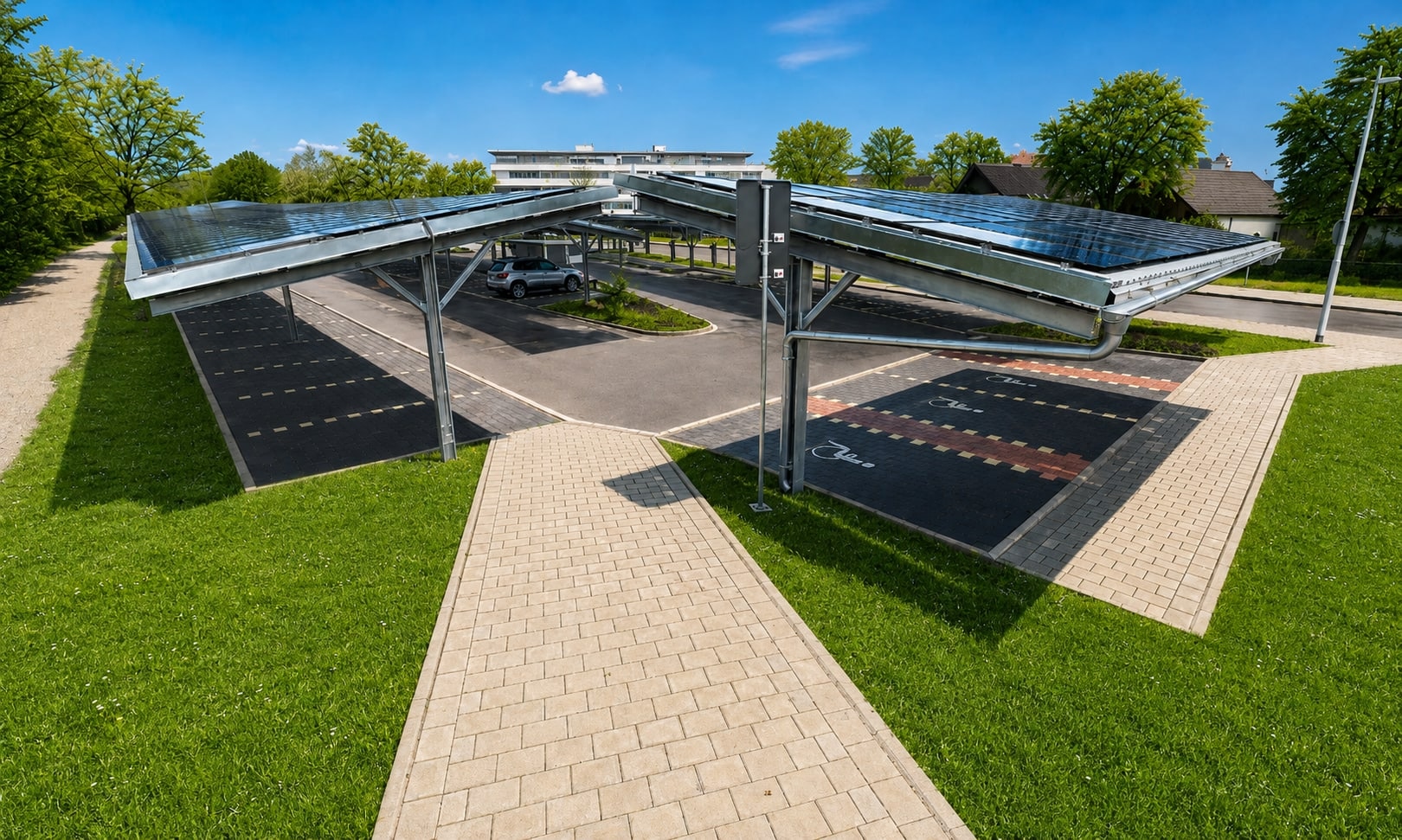 Bodennahe Gesamtansicht der PV-Überdachung und Stellplätze am Solarparkplatz Paduaallee