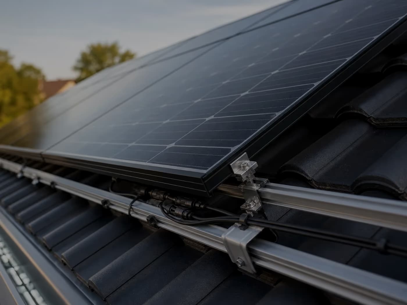 Dunkles Photovoltaikmodul mit Montageschiene auf Ziegeldach