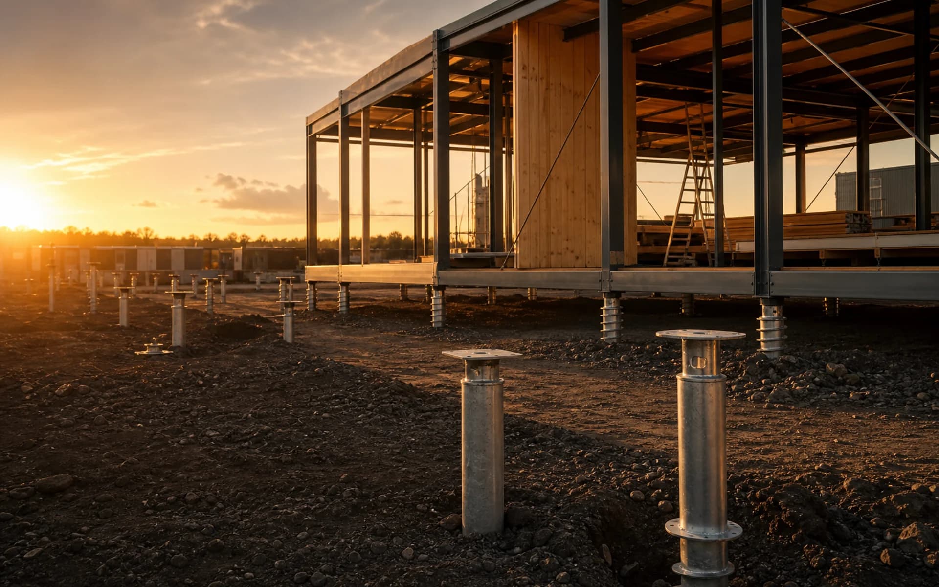 Temporäre Architektur mit Schraubfundamenten im Infrastrukturkontext