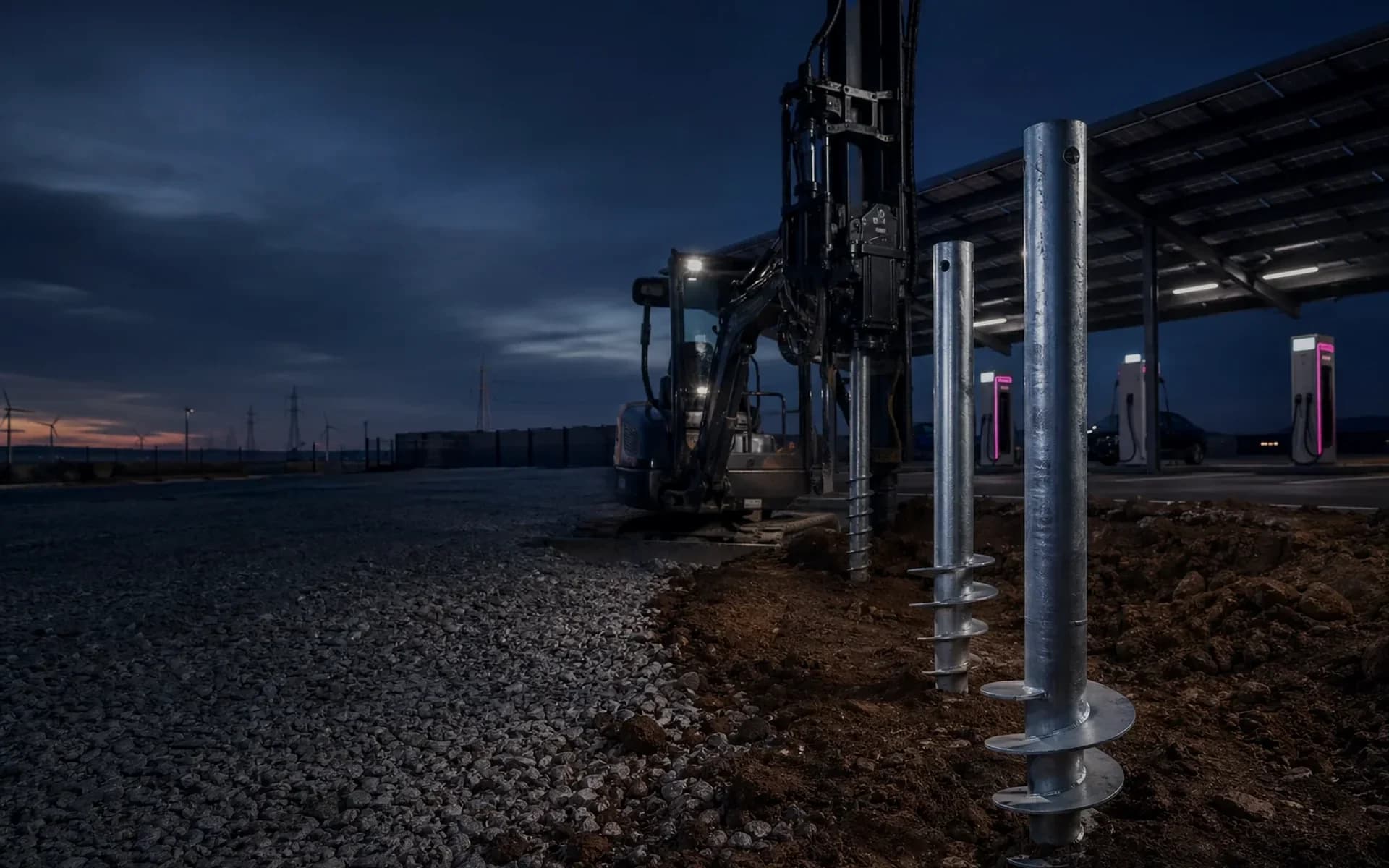 Schraubfundamente auf einer dunklen Infrastrukturbaustelle für PV- und Ladeprojekte