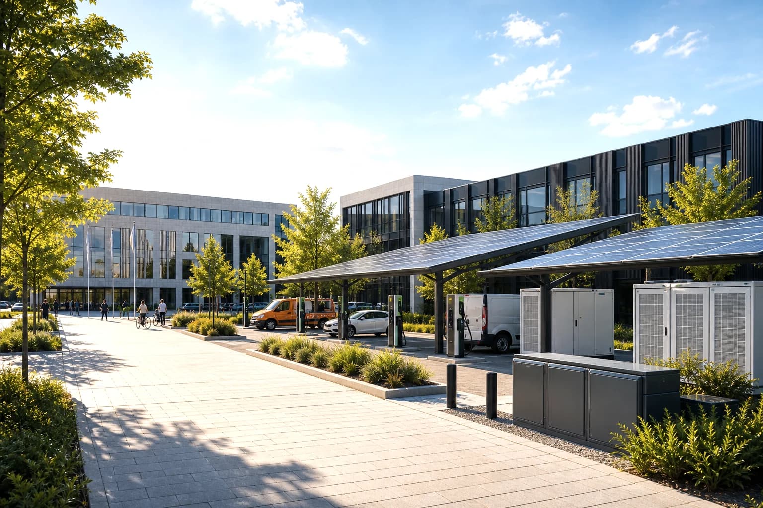 PV-Carport mit Ladepunkten an einem gewerblichen Standort in dunkler Premium-Atmosphäre.
