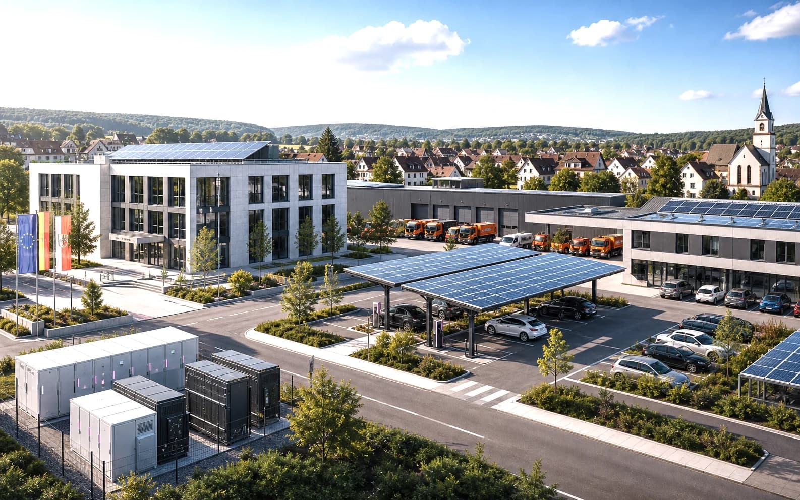 Ruhiger Gewerbe- und Kommunalstandort mit PV-Carports, Dachflächen, Speicherbereich und Ladeinfrastruktur.