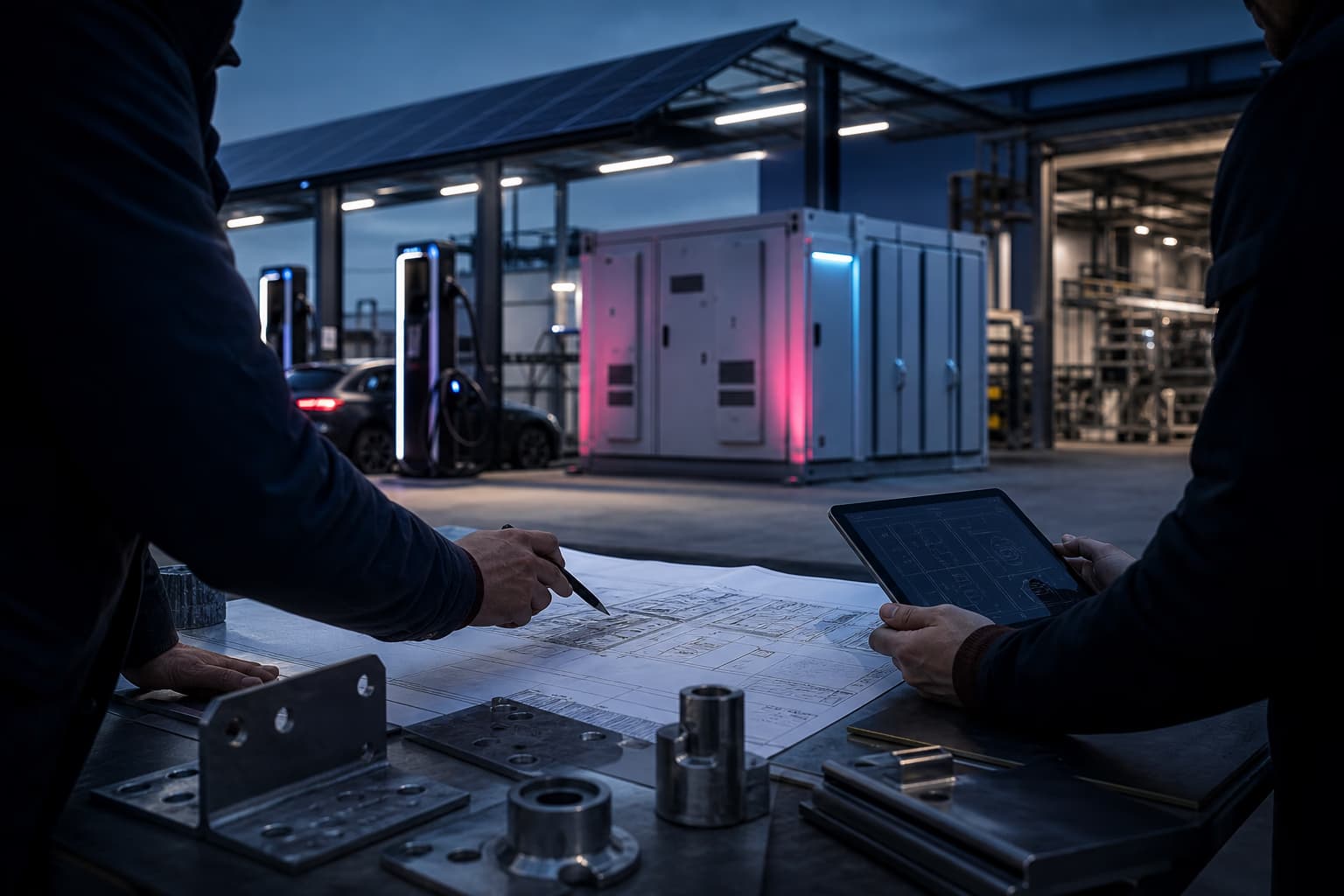 Menschen verbinden Standortplanung, Metallkomponenten und Energieinfrastruktur zu einem Bidirex System.