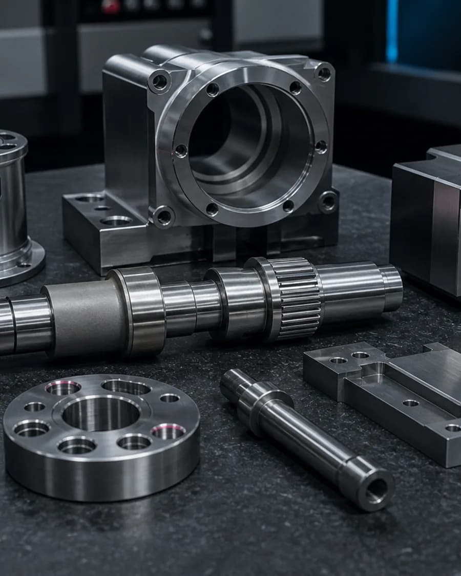 Gefräste und gedrehte Metallbauteile auf einem dunklen Messtisch