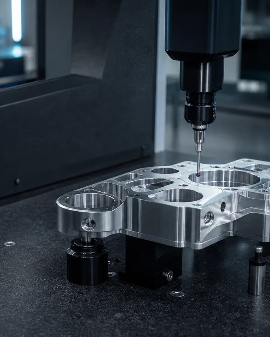 Koordinatenmessmaschine prüft ein präzises gefrästes Metallbauteil