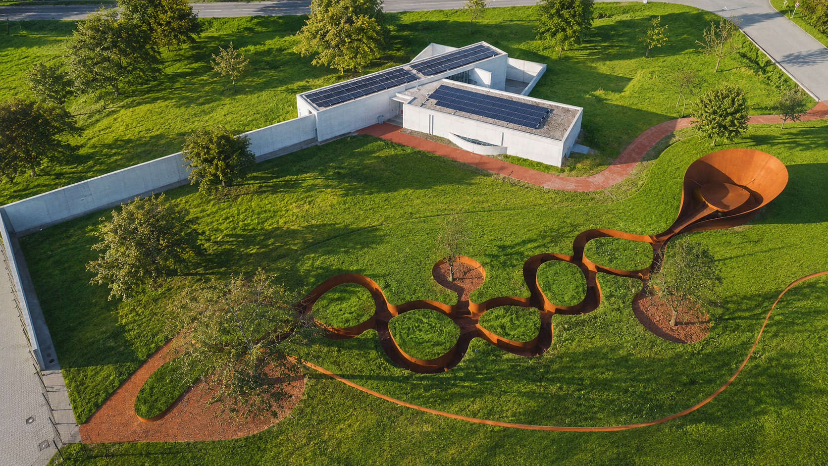 Luftbild des Doshi Retreat auf dem Vitra Campus: die geschwungene Korten-Stahl-Struktur liegt in grüner Landschaft neben dem Konferenzpavillon mit Solardach