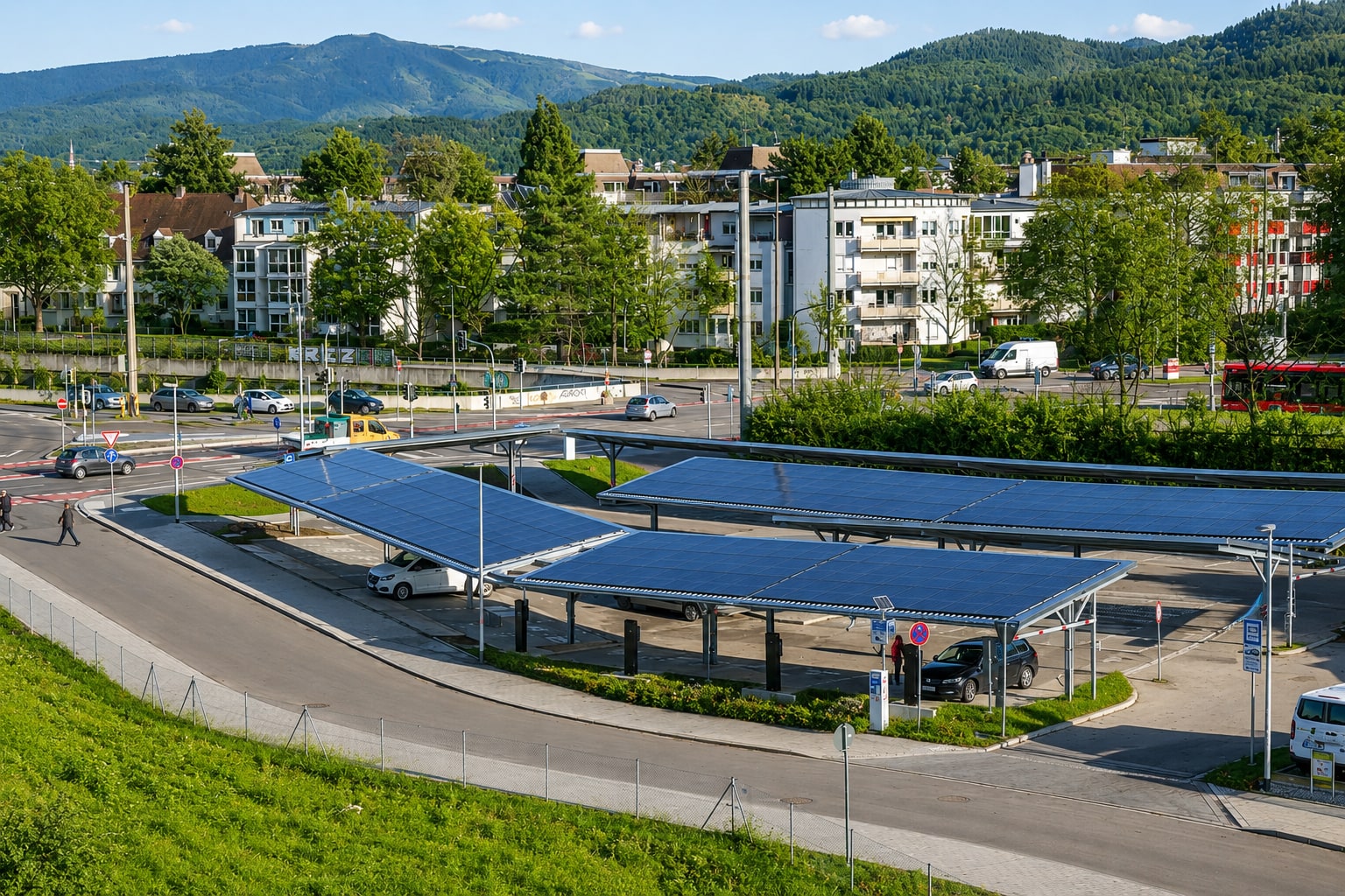 Luftaufnahme des Solarparkplatzes Paduaallee Freiburg mit PV-Dächern, Ladepunkten, Stadtverkehr und Freiburger Schwarzwaldkulisse